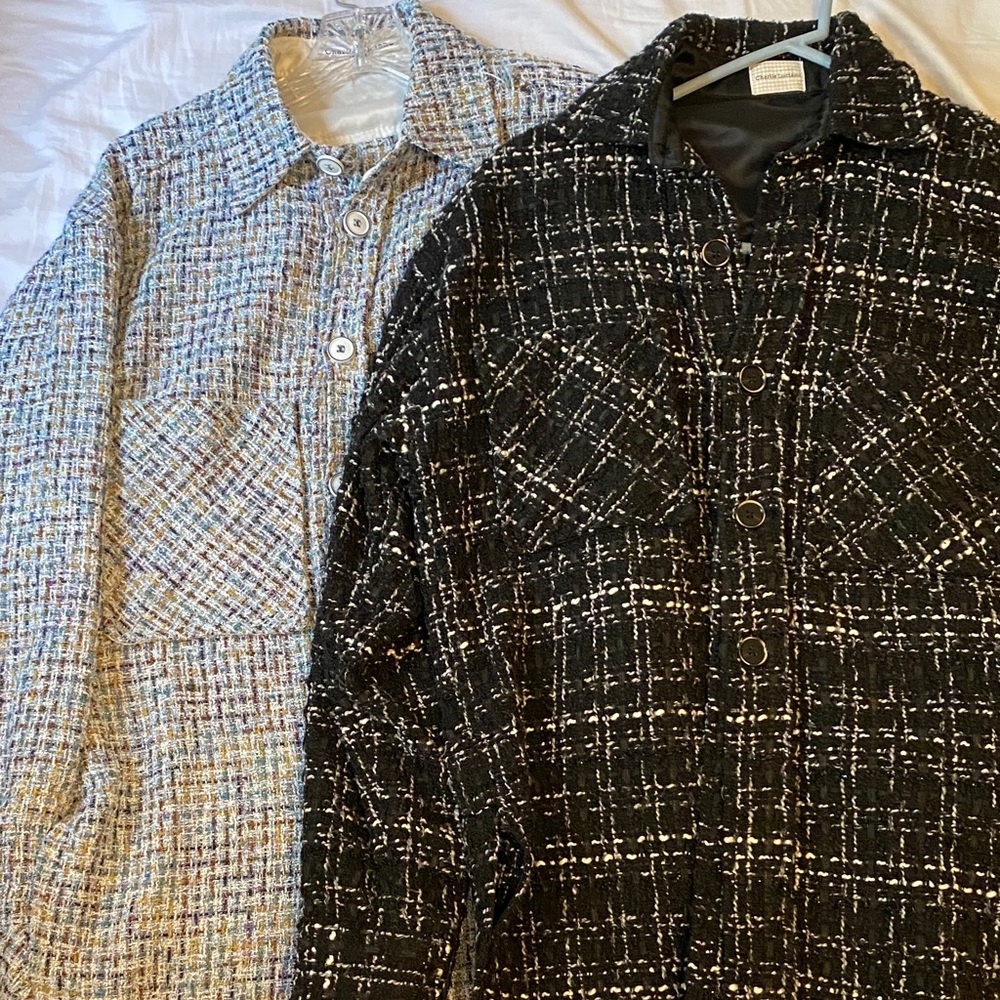 2 Pieces Charlie Luciano oversized tweed shirt jacket- Black and Blue/Grey